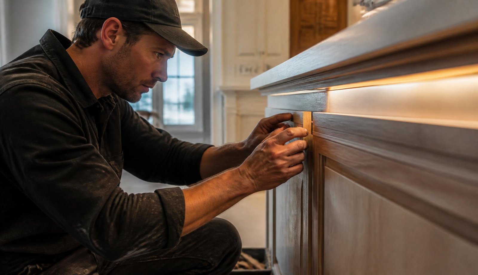 Kave Builders craftsman installing custom millwork