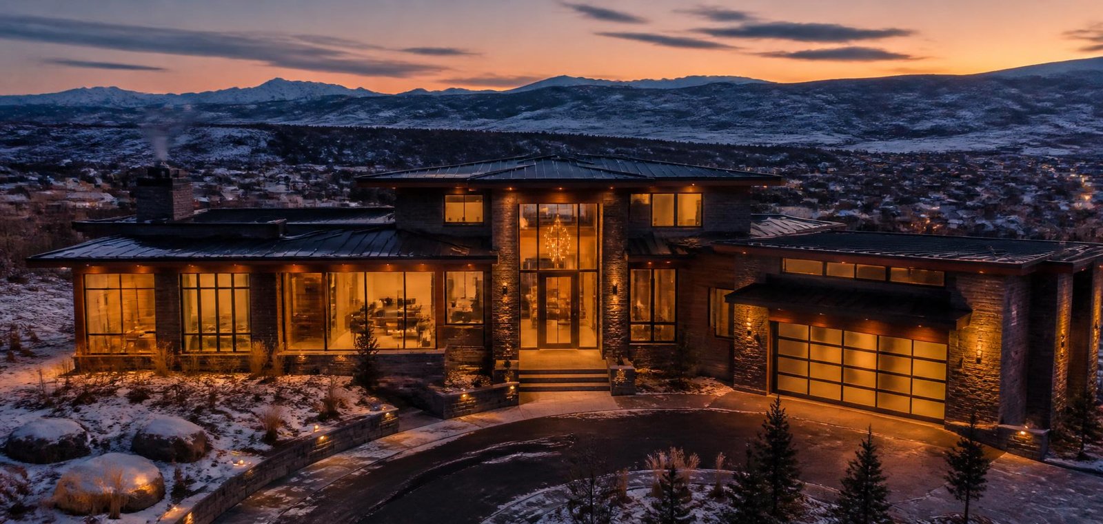 Luxury custom home at dusk with mountain backdrop