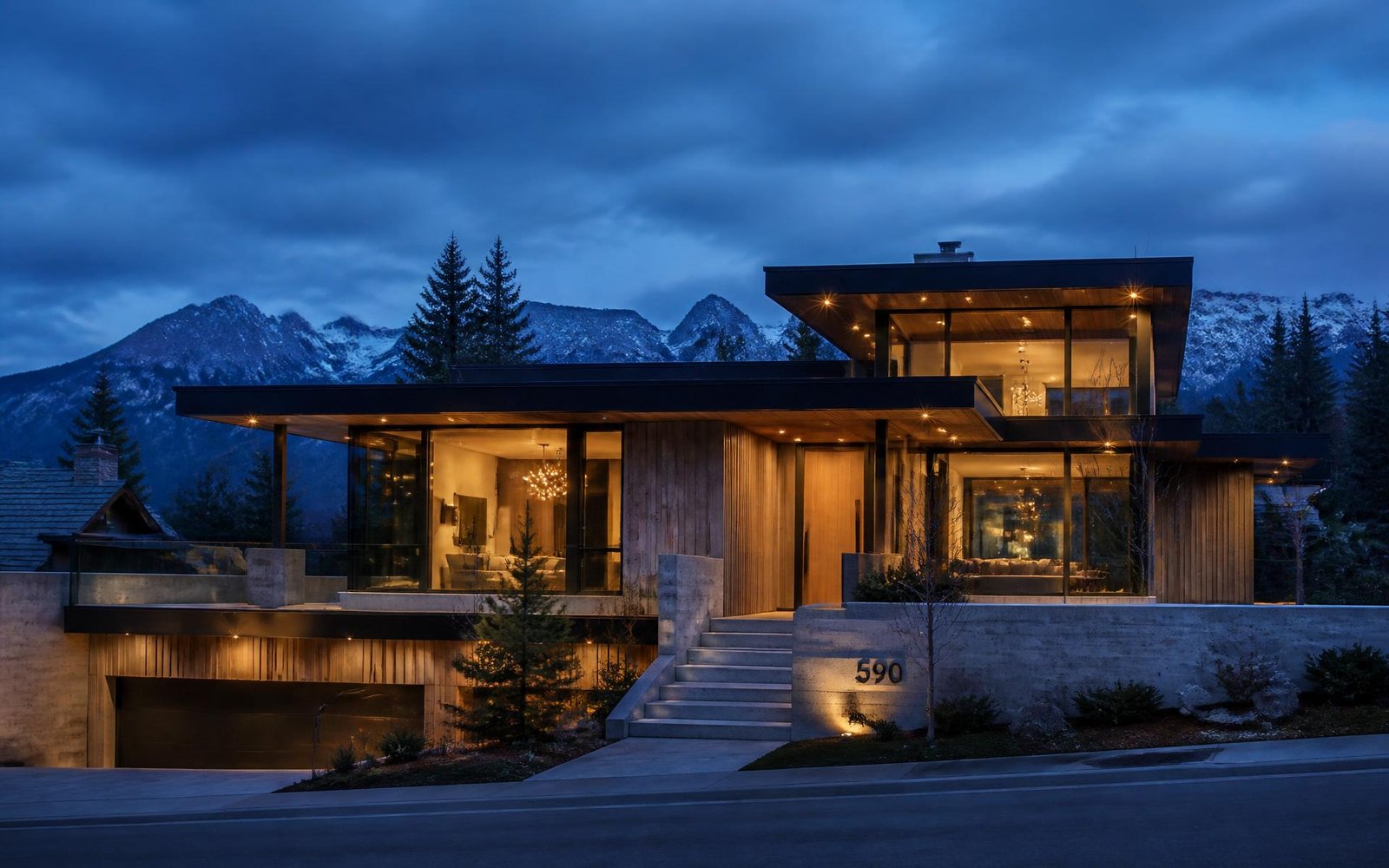 Modern luxury custom home in Calgary at dusk