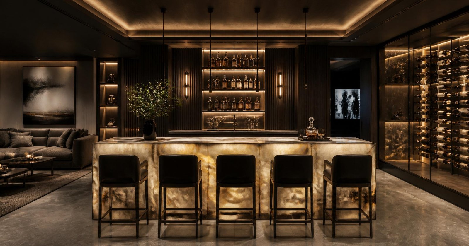 Custom luxury basement bar with wine cellar