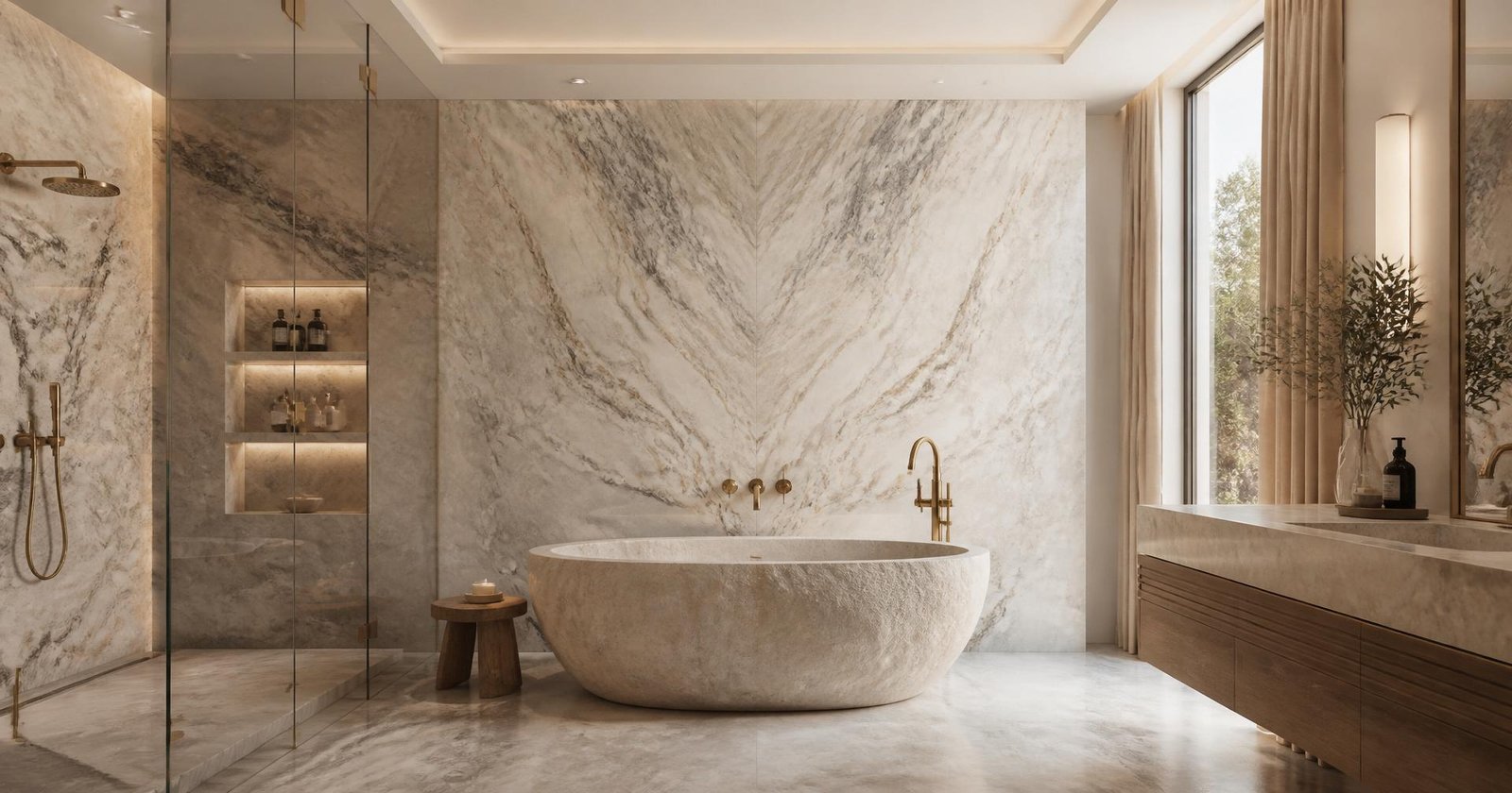 Luxury primary bathroom in book-matched marble